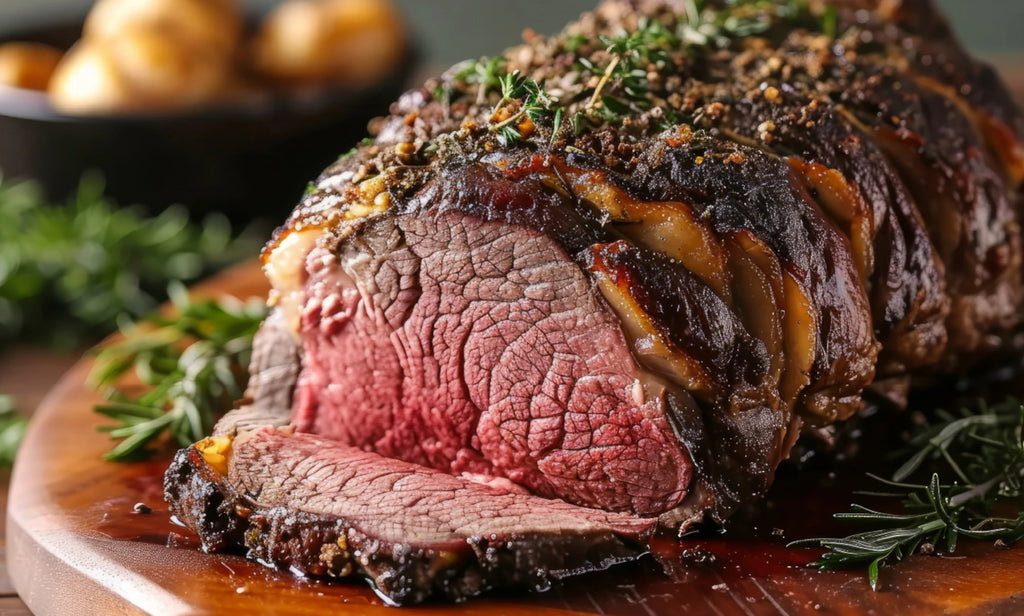 Sliced rare prime rib topped with herbs and spices sitting on a wooden board surrounded by fresh rosemary sprigs and a puddle of juices.