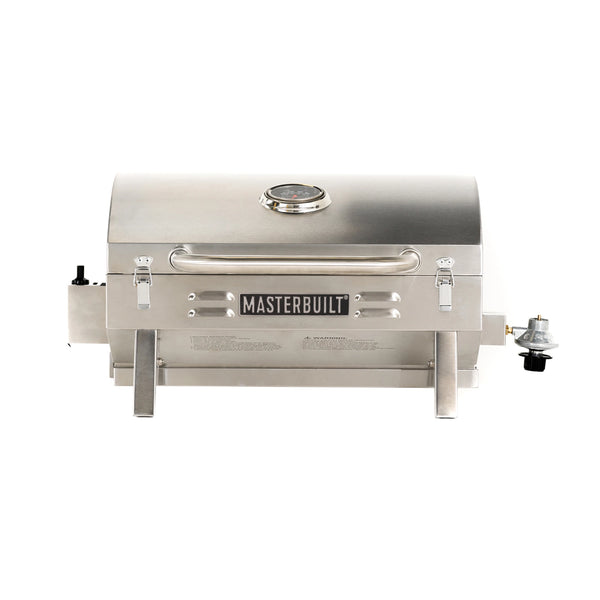 Stainless Steel tabletop grill with temperature gauge in lid, 2 locking latches on the front and the propane valve on the right