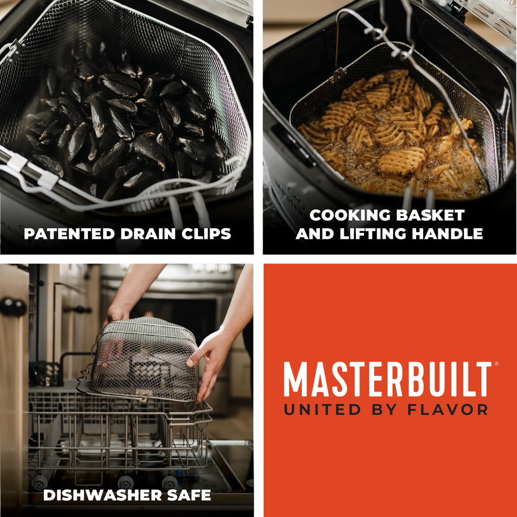 Patented drain clips, cooking basket and lifting handle, dishwasher safe. Masterbuilt: United by Flavor.