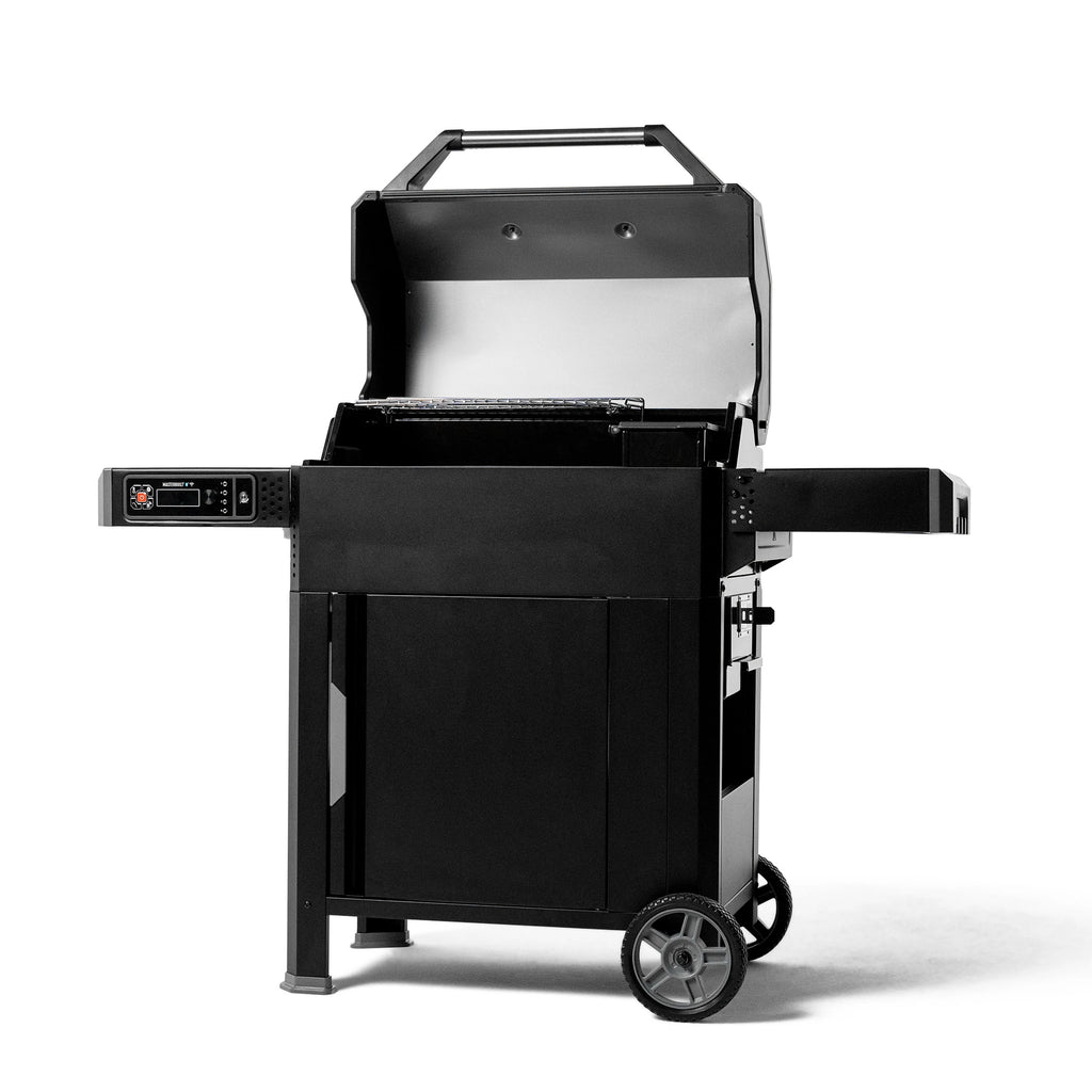 A slightly turned view of an open AutoIgnite showing the right side of the enclosed cart. The 2 wheels are on the right. The drawer for the fire starter is below the right side shelf at the top of the cabinet.
