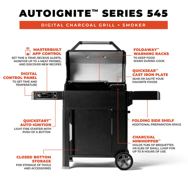 Infographic listing features: app control, digital control panel, QuickStart Auto-ignition, closed bottom storage, Foldaway warming racks, QuickSear cast iron plate, folding side shelf on right, charcoal minihopper