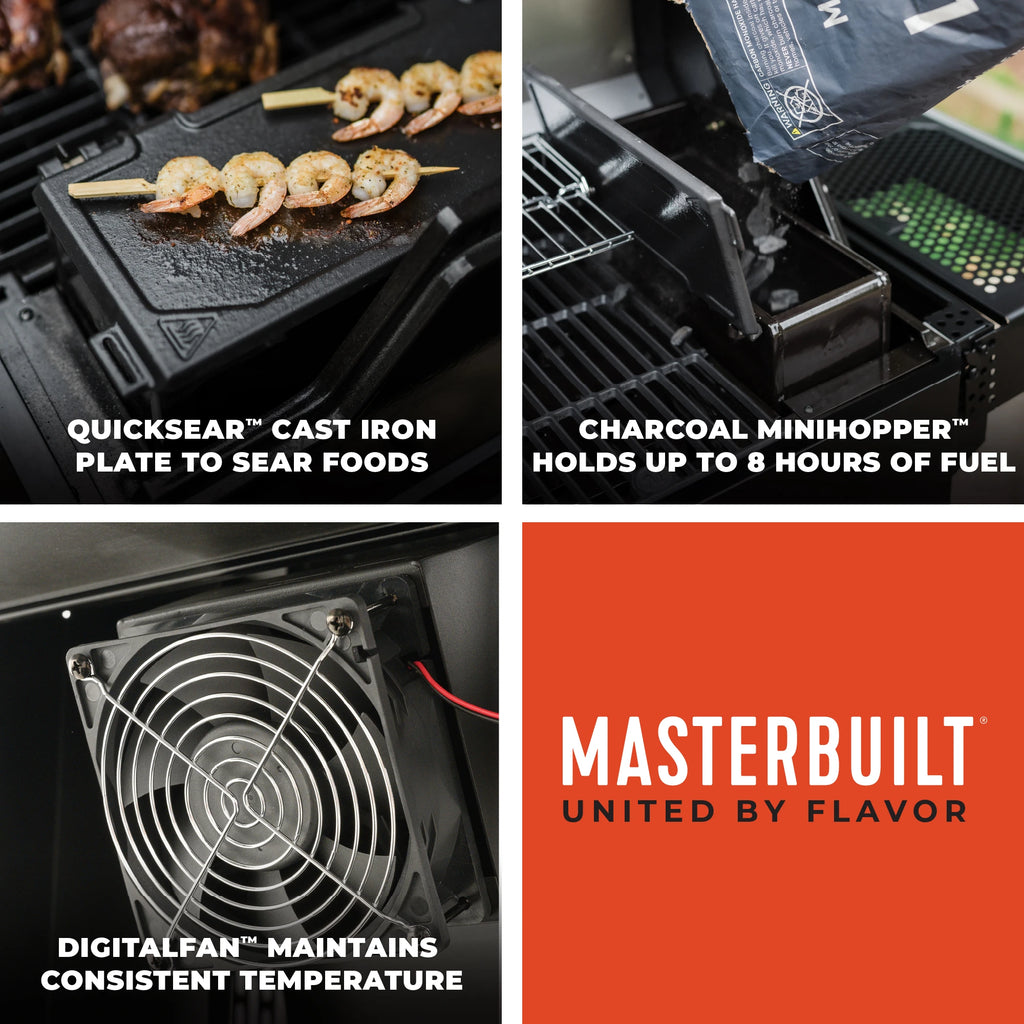 QuickSear Cast Iron Plate to sear foods; Charcoal minihopper holds up to 8 hours of fuel; DigitalFan maintains consistent temperature; Masterbuilt United by Flavor