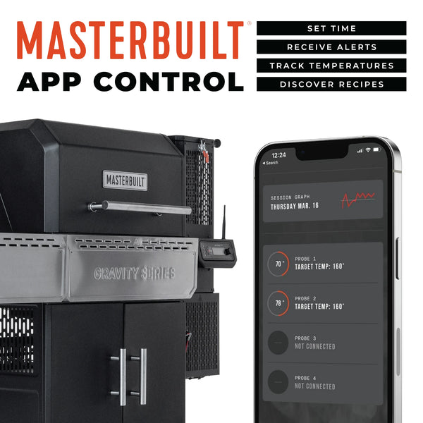 Masterbuilt app control: set time, receive alerts, track temperatures, discover recipes.