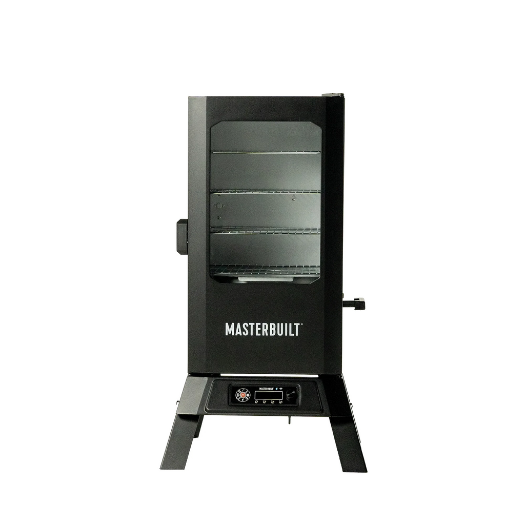 Masterbuilt 710 WiFi Digital Smoker on legs. Black with a window in the door.  Door latches on left. Patented side wood chip loader is on the right. The control panel sits between the legs below the smoker.